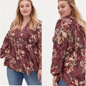 Torrid Walnut Floral Twill Smocked Hi Low Tunic-Sz 3